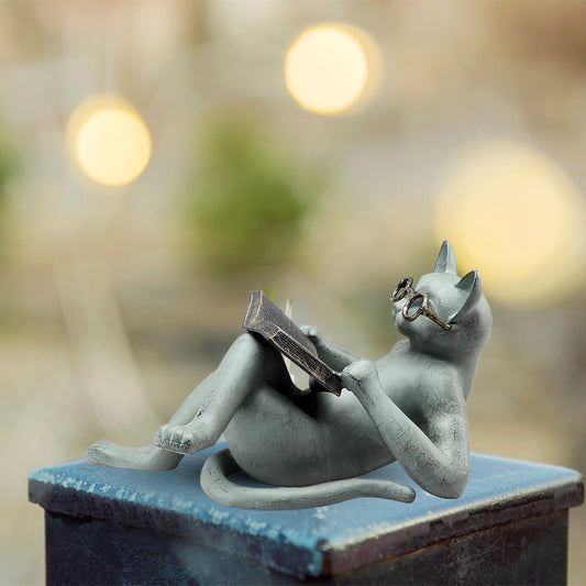 Literature Cat Reading Book Garden Resin Craft Sculpture