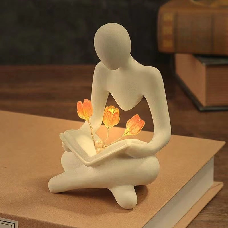 Nordic Book Reader Abstract Thinker Light Statue Sculpture Night Lamp Desk Bookshelf Figurines Decor