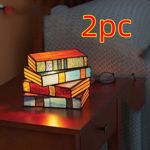 Resin Crafted Stacked Books Lamp: Nightstand and Desk Illumination, Stained Glass Table Reading Light Decor