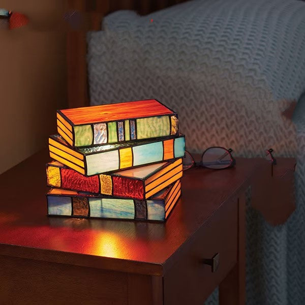 Resin Crafted Stacked Books Lamp: Nightstand and Desk Illumination, Stained Glass Table Reading Light Decor